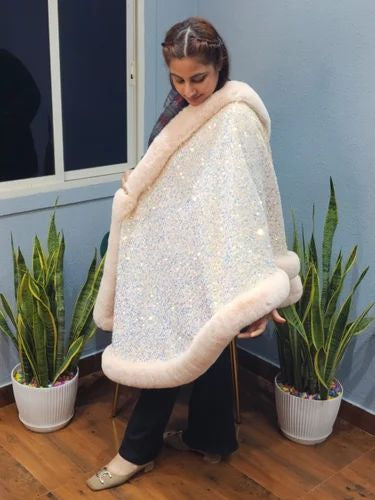 Iris sequin wool shawl~ white