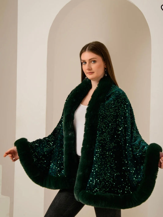Iris Sequin Wool Shawl~ Green