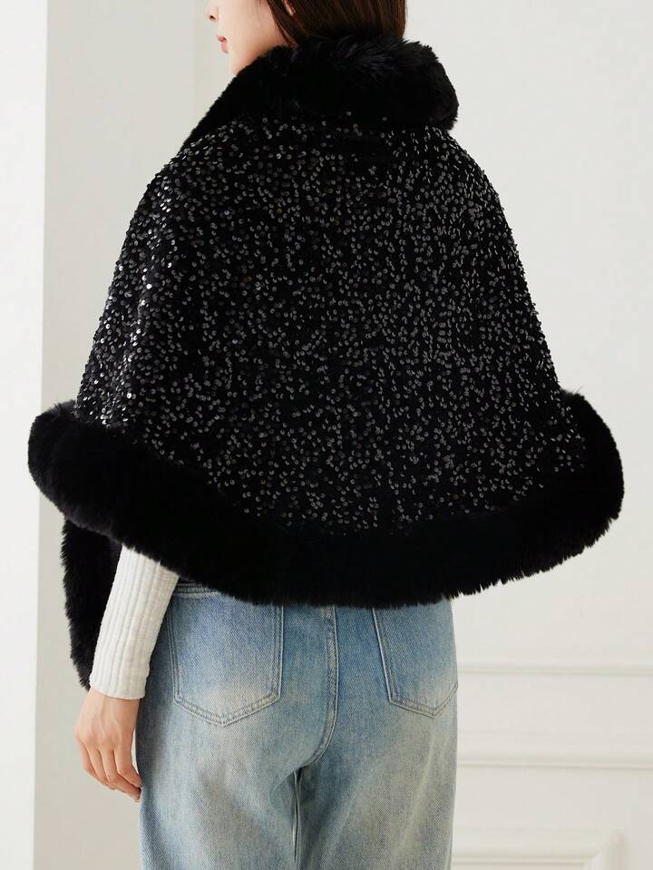 Iris Sequin Wool Shaw~ Black