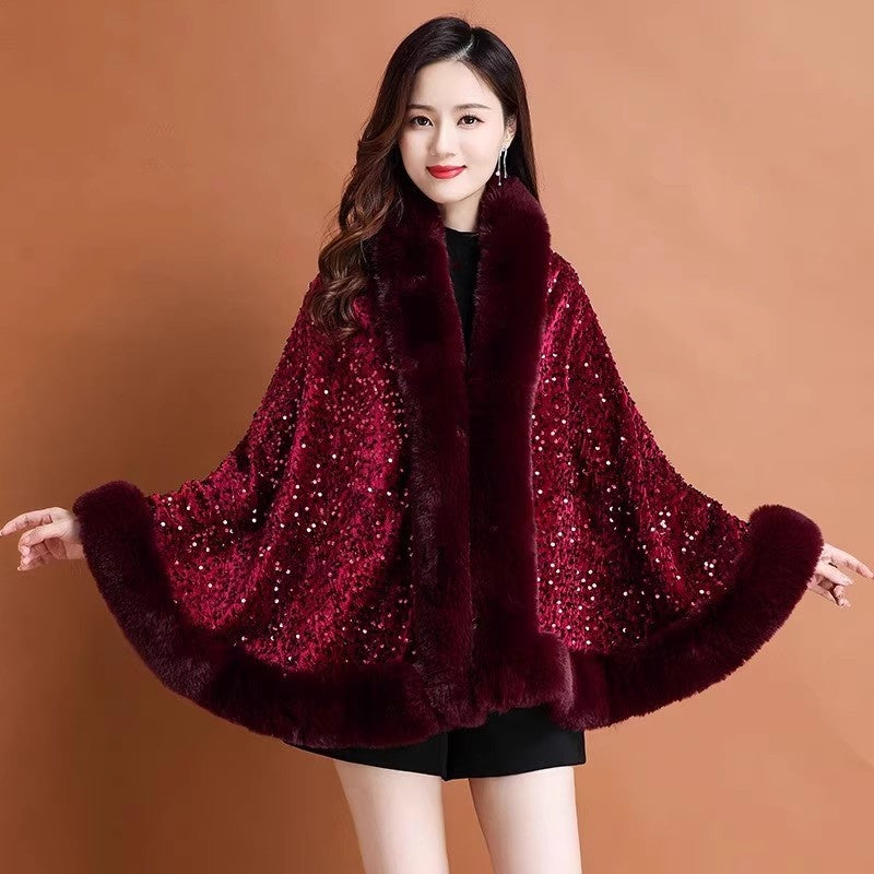 Iris Sequin wool shawl~ red