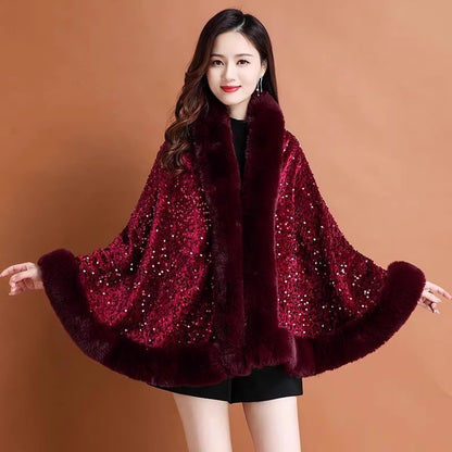 Iris Sequin wool shawl~ red