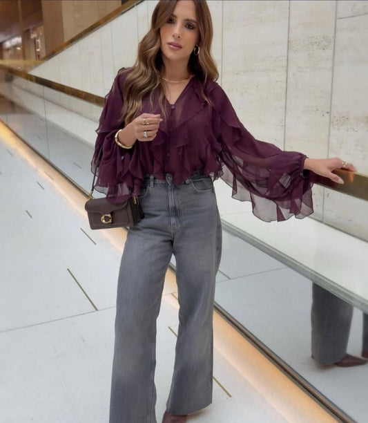 Wine Ruffle chiffon Shirt