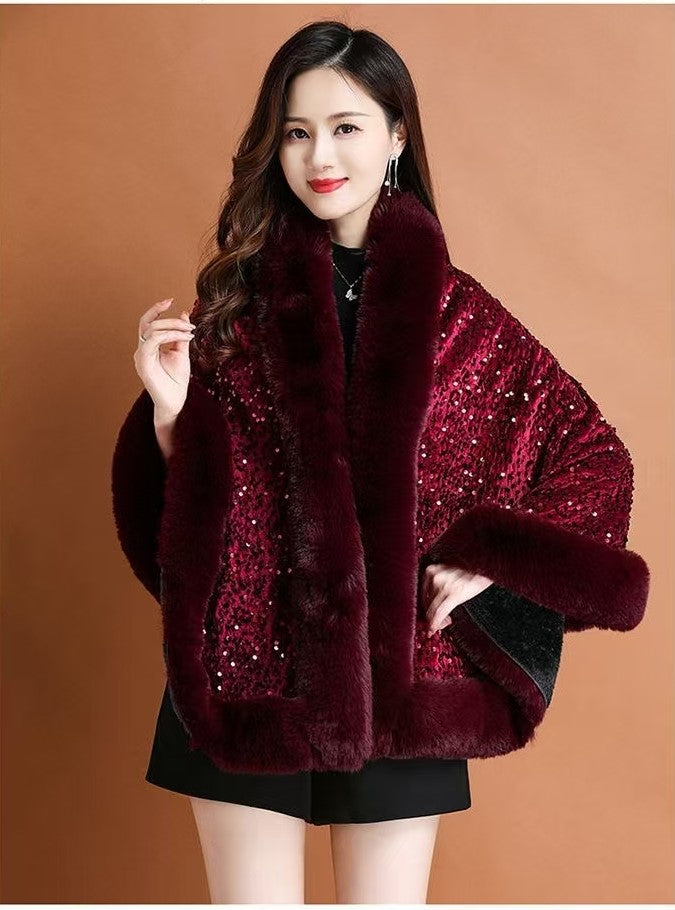 Iris Sequin wool shawl~ red