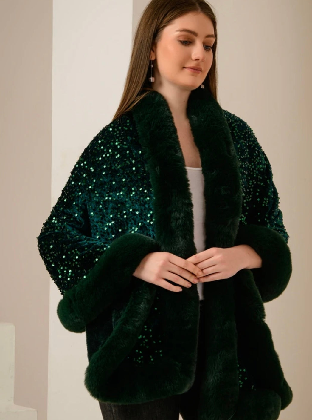 Iris  Sequin Wool Shawl~ Green