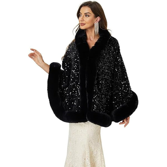 Iris Sequin Wool Shaw~ Black