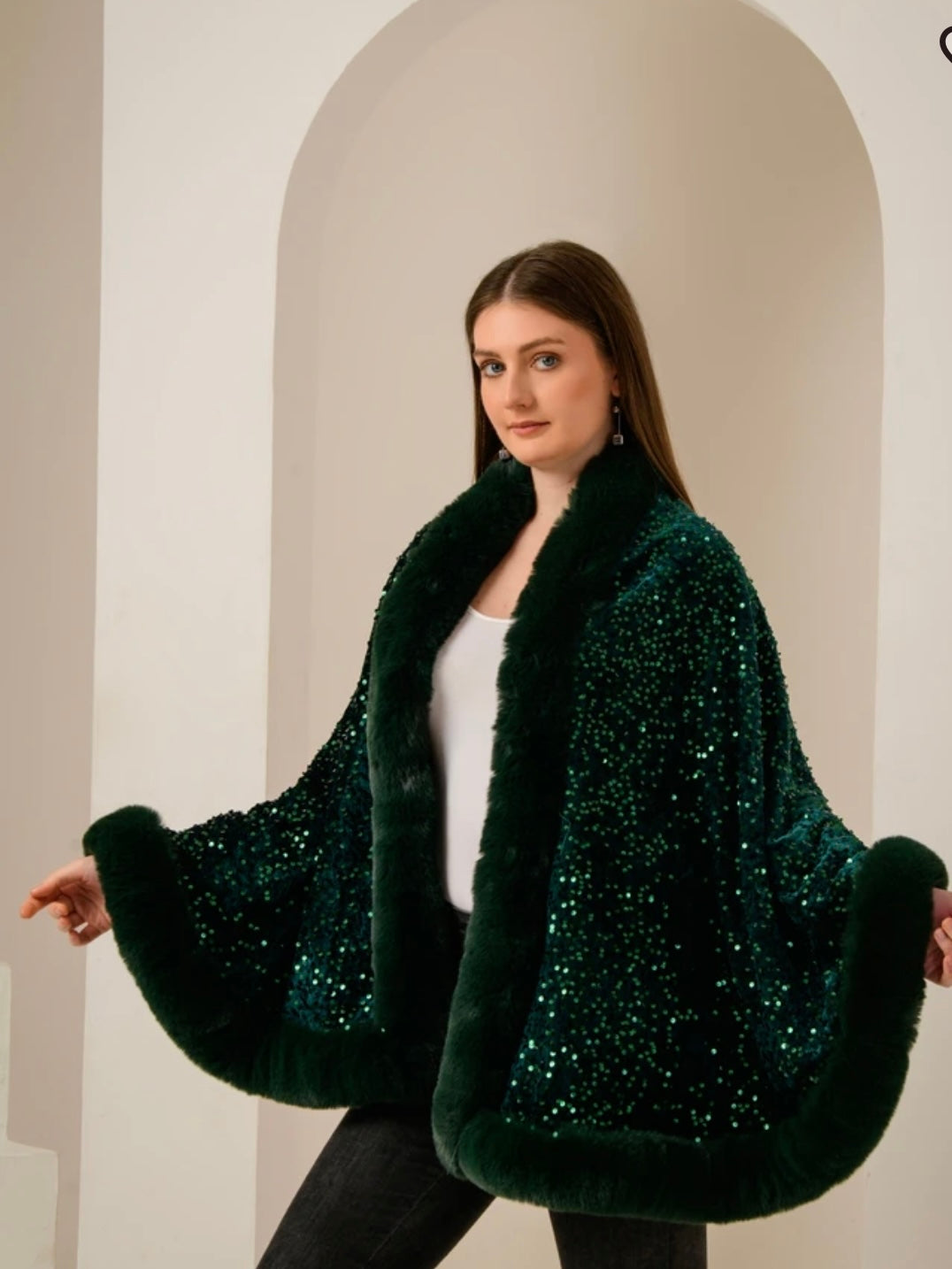 Iris  Sequin Wool Shawl~ Green