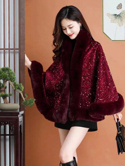Iris Sequin wool shawl~ red
