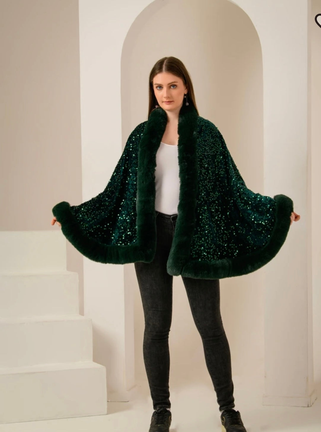 Iris  Sequin Wool Shawl~ Green