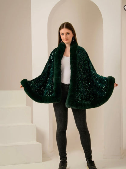 Iris  Sequin Wool Shawl~ Green