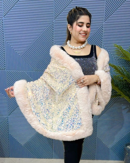 Iris sequin wool shawl~ white