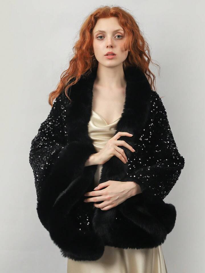 Iris Sequin Wool Shaw~ Black