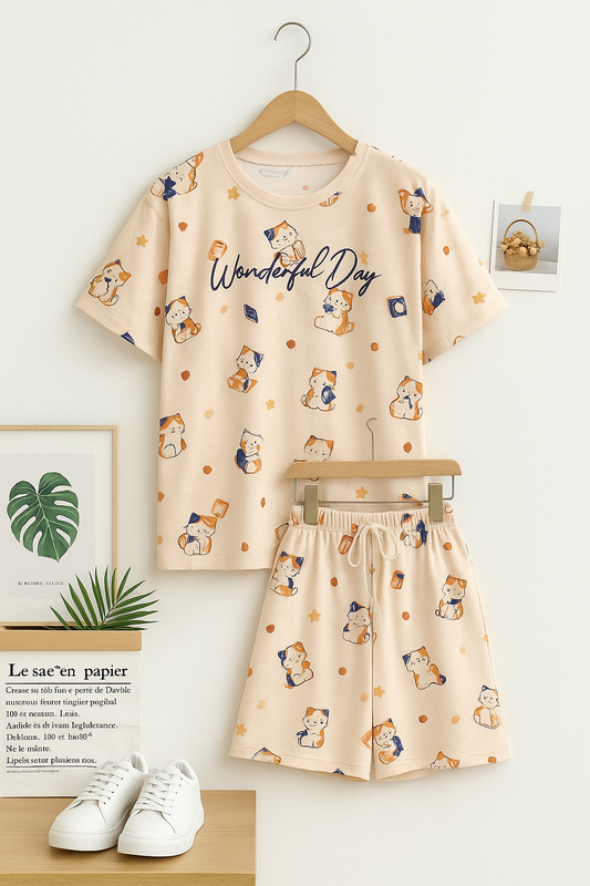 Afternoon Tea Latte Beige Co-ord Nightsuit Set