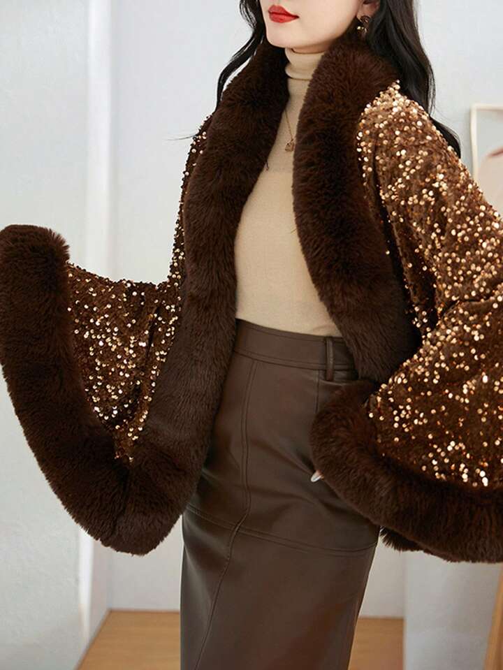 Iris Sequin wool shawl~Brown